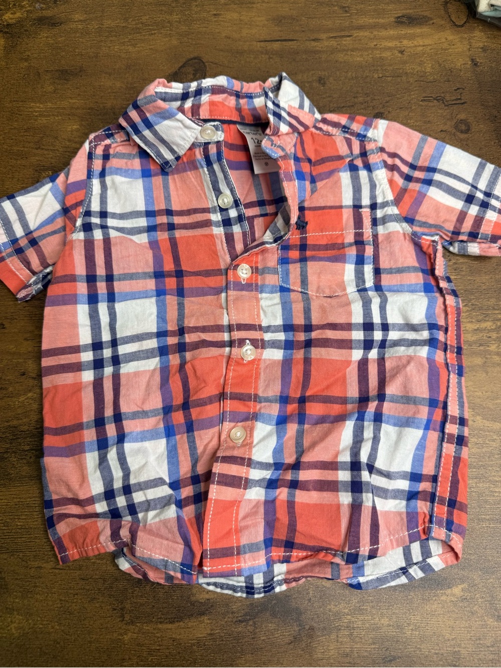 ⭐️5 for $20⭐️ Carter's Boys' Coral & Blue Plaid Short-Sleeve Button Shirt 12M